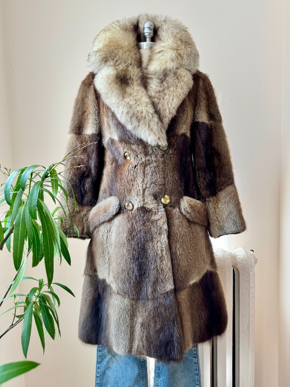 Vintage Fur Coat Brown and Ivory 3/4 Length, Shawl Collar, Made in Canada